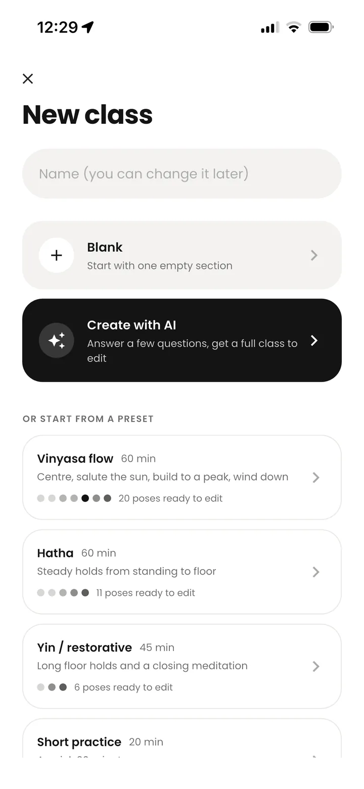 The New class screen in Yolgi, with Create with AI and presets